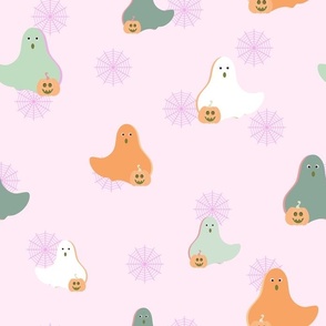 Ghosts Go Trick-or-Treating - Pastel Colors Halloween Kids Nursery Lilac Lavender Orange Mint Green Pumpkins Minimalist