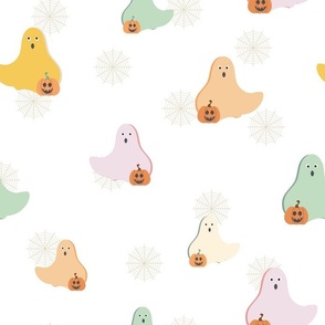Ghosts Go Trick-or-Treating - White Halloween Kids Pastel Colors Nursery Yellow Pink Mint Green Pumpkins Minimalist