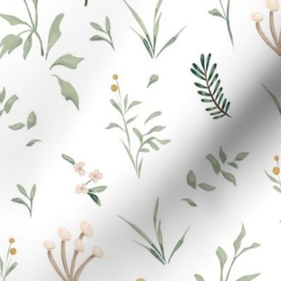 Medium // Woodland Plants // Lullaby Forest // Mushrooms // Pine // Floral Flowers Leaves // Gouache // Sage Green // Natural Neutral Nature // Baby Botanical