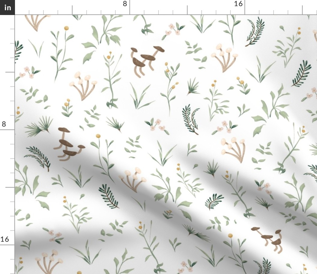 Medium // Woodland Plants // Lullaby Forest // Mushrooms // Pine // Floral Flowers Leaves // Gouache // Sage Green // Natural Neutral Nature // Baby Botanical
