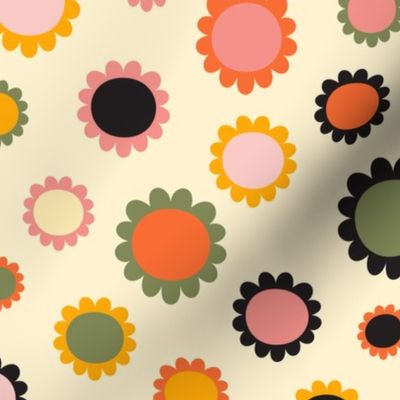 Scandi daisies plain in retro colors on cornsilk white. Medium scale.