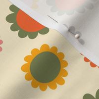 Scandi daisies plain in retro colors on cornsilk white. Medium scale.