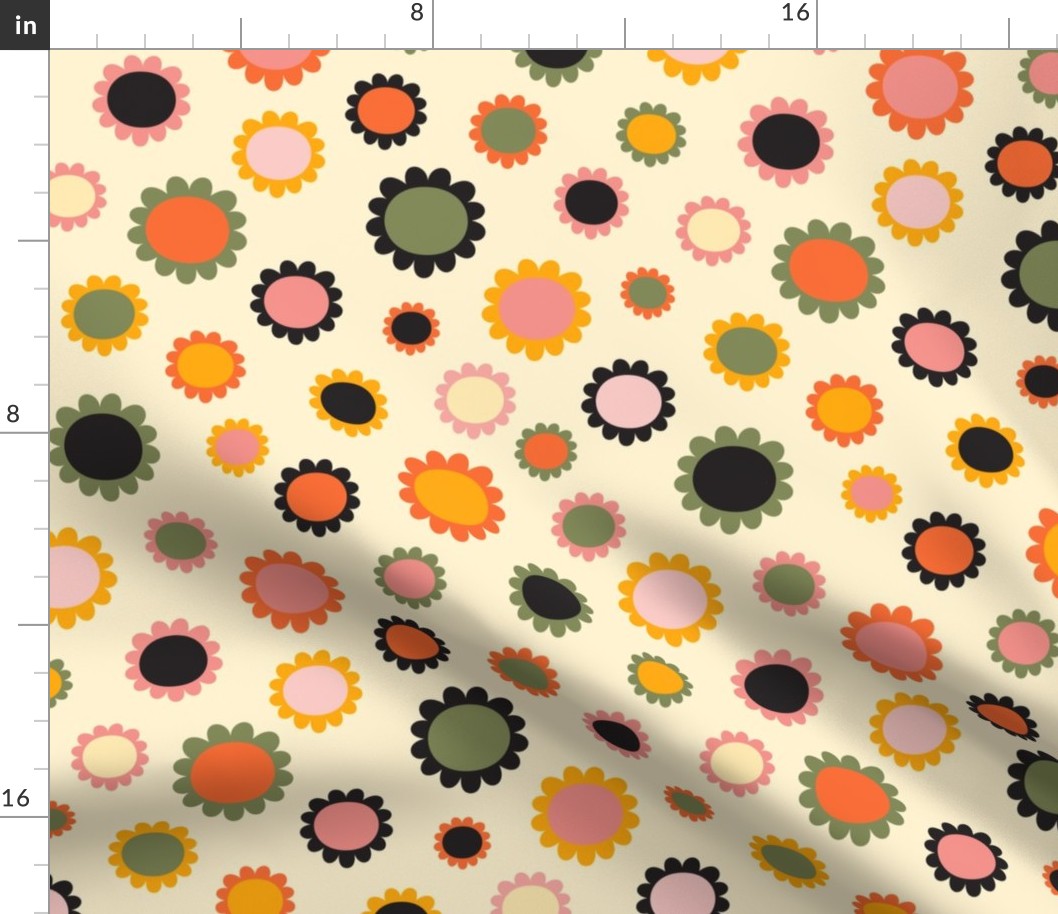 Scandi daisies plain in retro colors on cornsilk white. Medium scale.