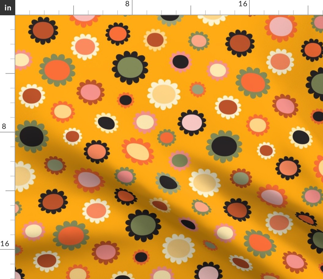 Scandi daisies plain in retro colors on amber orange. Medium scale.