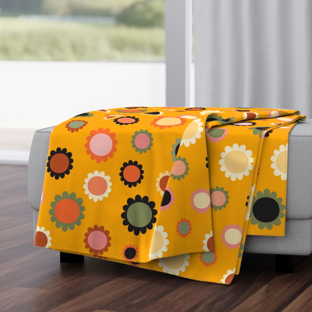 Scandi daisies plain in retro colors on amber orange. Large scale.