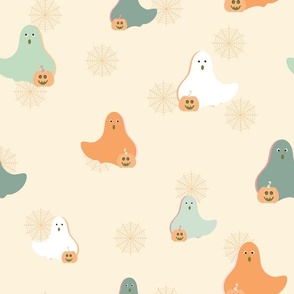Ghosts Go Trick-or-Treating - Yellow Halloween Kids Pastel Colors Nursery Orange Mint Green Pumpkins Minimalist