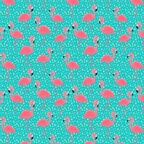 Pink Flamingos and Golden Stars on Aqua Blue