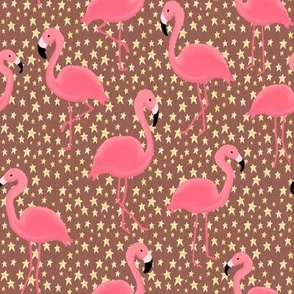 Pink Flamingos and Golden Stars on Mauve Pink