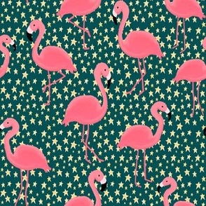 Pink Flamingos and Golden Stars on Hunter Green