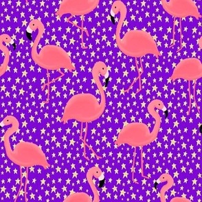 Pink Flamingos and Golden Stars on Purple