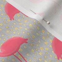 Pink Flamingos and Golden Stars on Light Grey Gray
