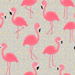 Pink Flamingos and Golden Stars on Light Grey Gray