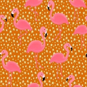 Pink Flamingos and Golden Stars on Orange