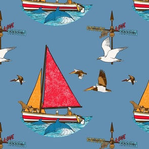 Off-grid Living - Sailing with the Dogs, Seagulls, Pelicans, & Dolphins- on Denim - Large Format