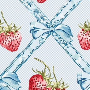 ribbons in soft pastel baby blue with bows and red strawberries on a check pattern  - large scale