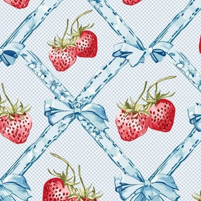 ribbons in soft pastel baby blue with bows and red strawberries on a check pattern  - medium scale