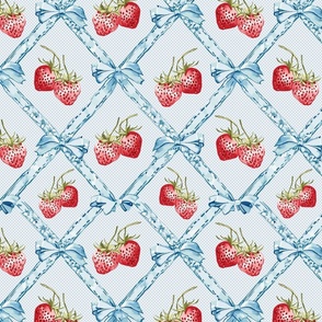 ribbons in soft pastel baby blue with bows and red strawberries on a check pattern  - small scale
