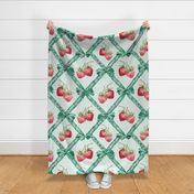ribbons in soft mint green with bows and red strawberries on a check pattern  - large scale