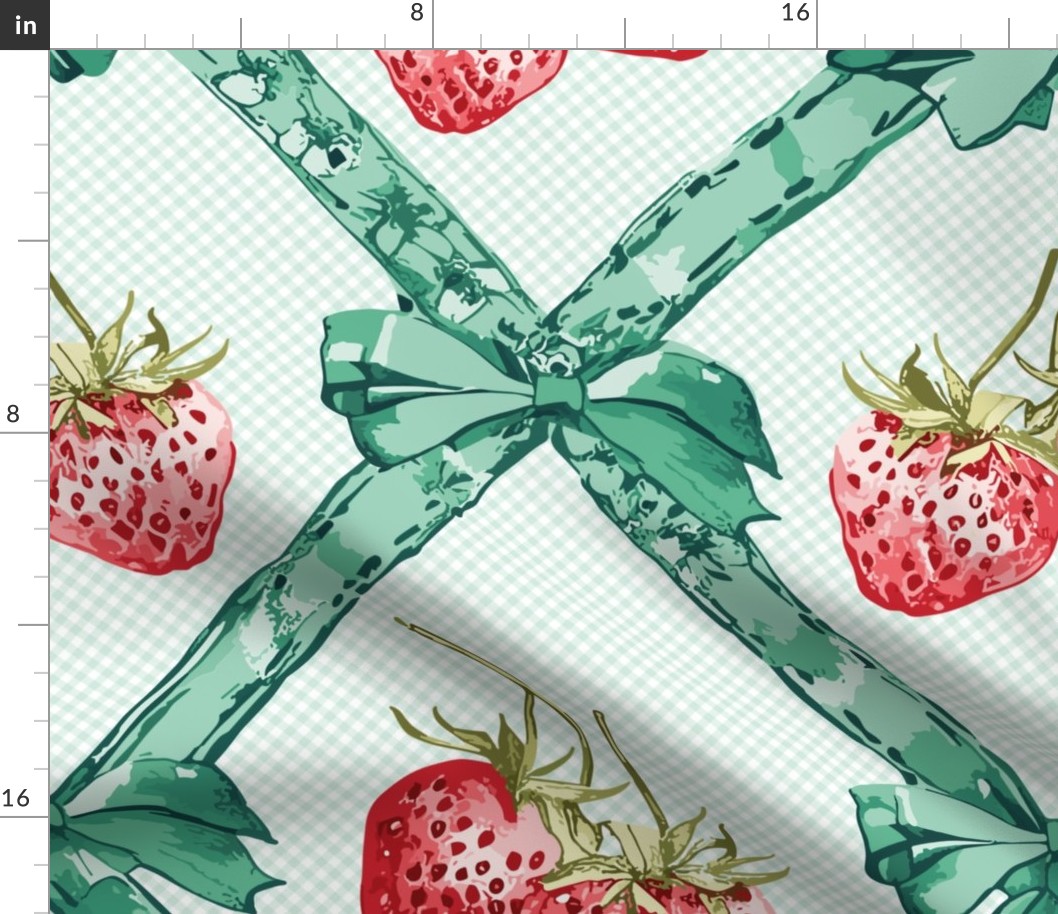ribbons in soft mint green with bows and red strawberries on a check pattern  - large scale