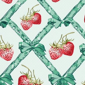 ribbons in soft mint green with bows and red strawberries on a check pattern  - medium scale