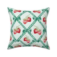 ribbons in soft mint green with bows and red strawberries on a check pattern  - small scale