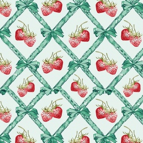ribbons in soft mint green with bows and red strawberries on a check pattern  - small scale