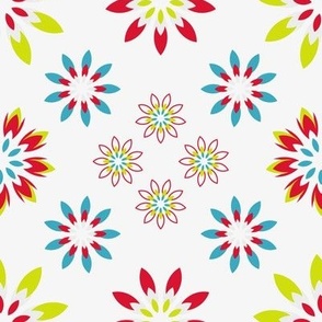 chartreuse green teal blue and red flower petal design
