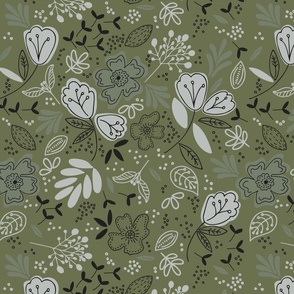 Night time floral garden Sage green, grey and black Retro Floral 