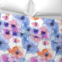 Watercolor Poppies in Blue, Pink and Coral