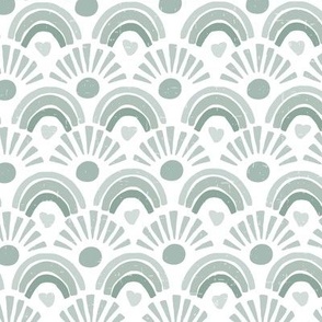 Rainbow suns in playful monotone green teal and white with slight texture and hearts