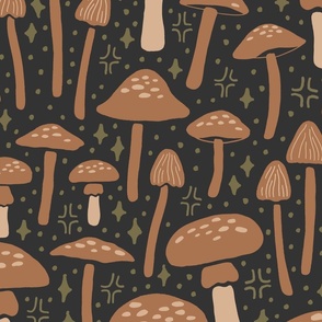 Magic Mushrooms | Large Scale | Earth Tones, Fungi Green, Light Brown