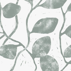 L - Textured Vines and Climbing Leaves - Block Print Texture - Monochrome Sage Green - Botanical Wallpaper