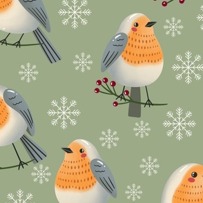 (L) Robin birds and snowflakes on green natural Christmas 