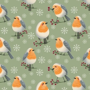 (M) Robin birds and snowflakes on green natural Christmas 