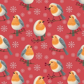 (M) Robin birds and snowflakes on pink natural Christmas 