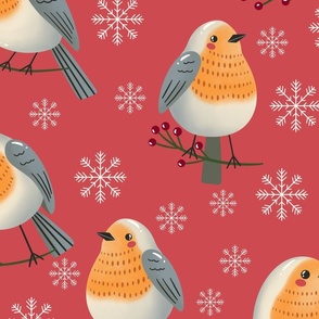 (L) Robin birds and snowflakes on pink natural Christmas 
