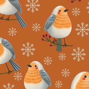 (L) Robin birds and snowflakes on brown natural Christmas 