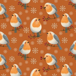 (M) Robin birds and snowflakes on brown natural Christmas 