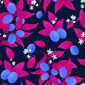 Magenta pink and blue kumquats and flowers 