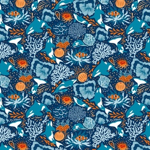 Ocean Harmony- Teamwork Underwater-  Cerulean Blue Sky White Orange on Midnight- Regular Scale