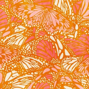 Boho Feathers- Monarch Butterfly- Pink and Orange- Large Scale