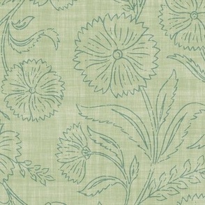 Indian Floral Block Print Outline - Celadon Green - XL - (Spice Blossom)