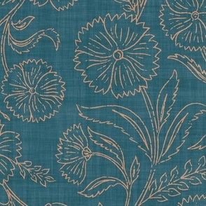 Indian Floral Block Print Outline - Cerulean Blue - XL - (Spice Blossom)
