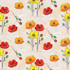 Pretty Poppies_Watercolour_Orange Red Yellow_Large