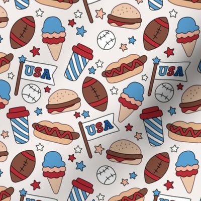 4th of July American Summer Holiday patriot print food snacks and drinks with baseball and American Football and Patriot USA Mascot Flags retro blue red on ivory 