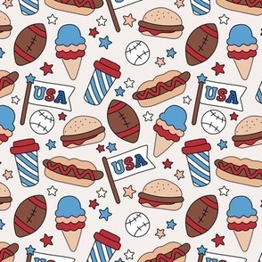4th of July American Summer Holiday patriot print food snacks and drinks with baseball and American Football and Patriot USA Mascot Flags retro blue red on ivory 