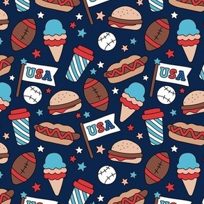 4th of July American Summer Holiday patriot print food snacks and drinks with baseball and American Football and Patriot USA Mascot Flags retro pink red blue on navy 