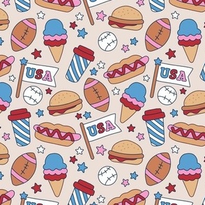 4th of July American Summer Holiday patriot print food snacks and drinks with baseball and American Football and Patriot USA Mascot Flags retro pink red blue on sand 