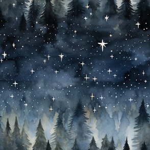 Night sky,stars,pine trees,watercolor