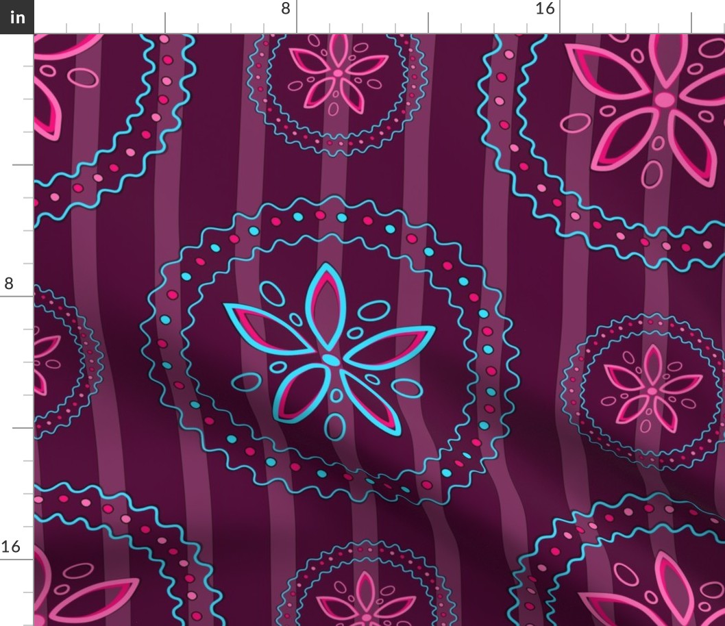 turquoise and pink flowers bordered with wavy lines on a purple stripe background (medium)